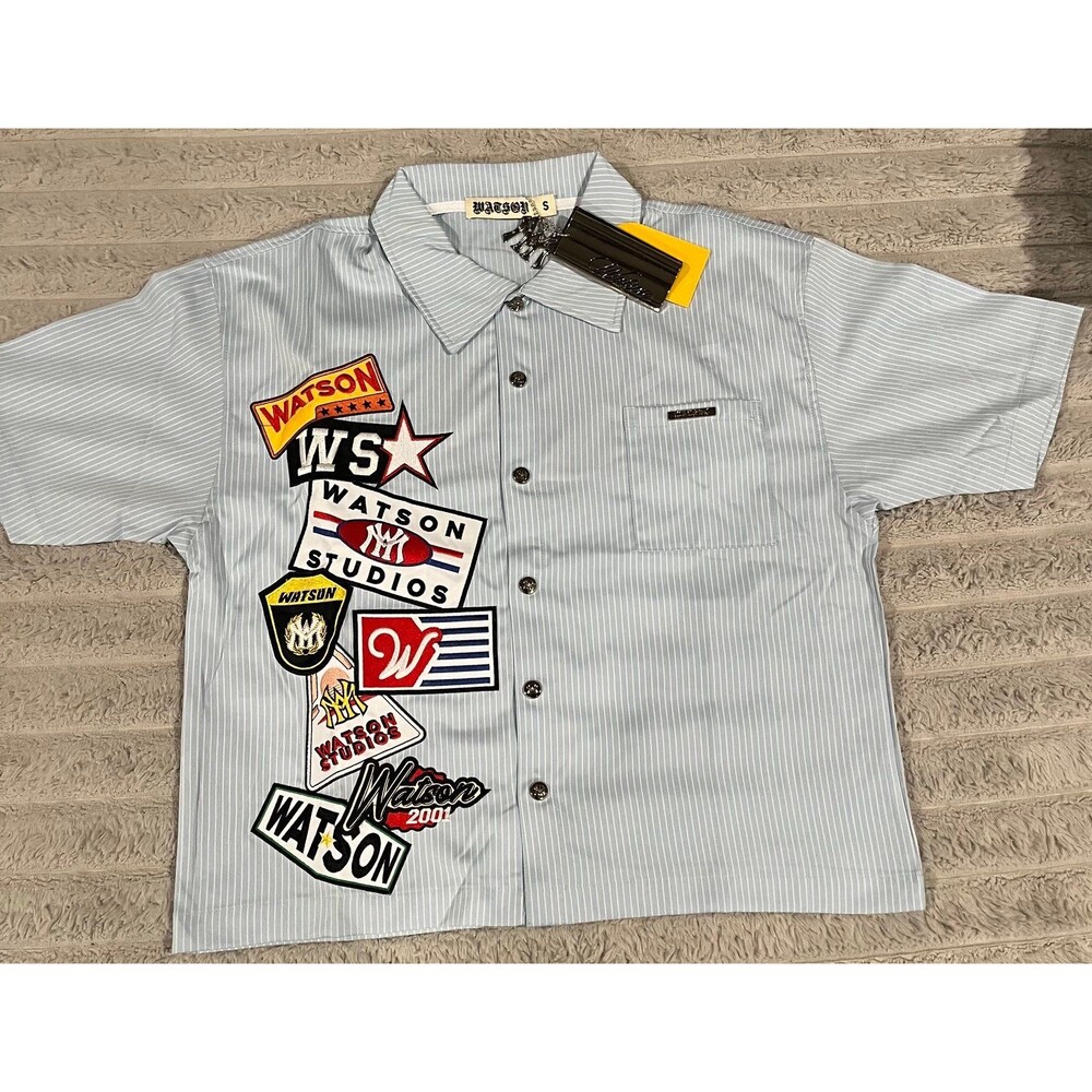 Watson Studios Multi Applique Patchwork Pinstripe Button Down Shirt Size Small N